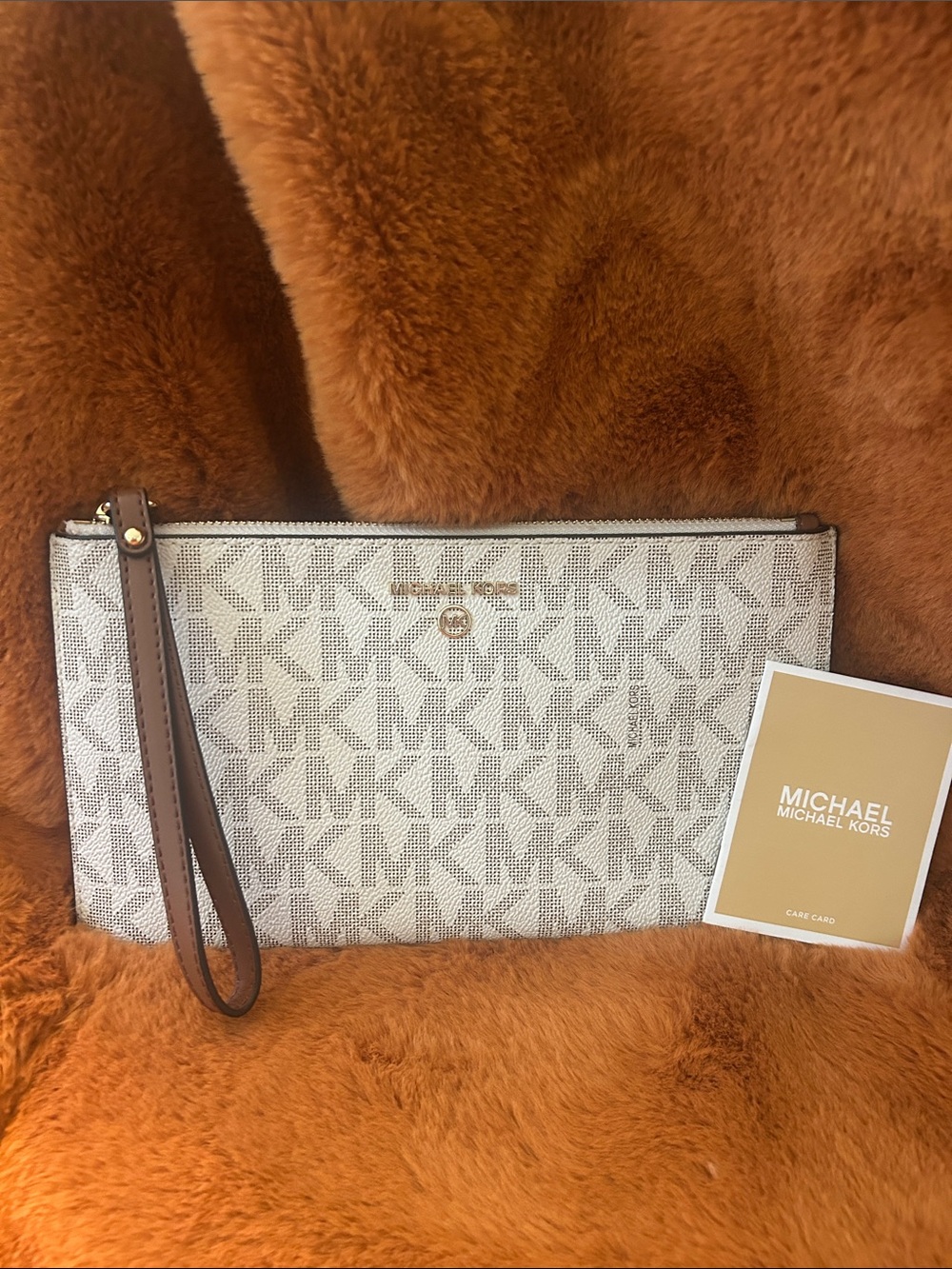 Michael Kors Logo Wristlet in Vanilla with Brown Trim